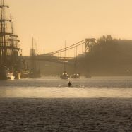 Ein Kanufahrer in goldener, nebliger Morgenstimmung im Hafen. Im Hintergrund die KW-Brücke, am Bontekai liegen Großsegler.