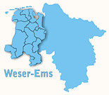 Stilisierte Karte des Landes Niedersachsen. Der Bereich "Weser-Ems" ist textlich benannt und optisch hervorgehoben.