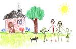 Kinderzeichnung mit Haus, Sonne, Baum und einer Familie mit Hund.