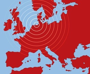 Stilisierte Europakarte mit roter Farbe für die Landflächen und hellblauer für das Wasser. Rund um die Position von Wilhelmshaven sind weiße konzentrische Kreise zu sehen.