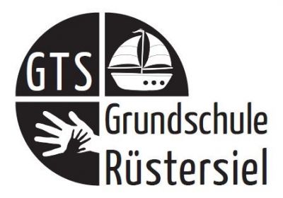 Logo der Grundschule Rüstersiel. In einer kreisförmigen Anordnung mit Vierteilung sind die Buchstaben GTS, Ein Segelboot und eine große Hand mit einer verschränkten kleinen Hand dargestellt.