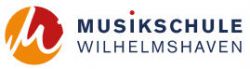 Ein Kreis mit einer roten und einer gelblichen Fläche und dem Text "Musikschule Wilhelmshaven"