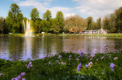 Ein Teich mit einer Wasserfontäne, an der sich ein Regenbogen bildet. Im Vordergrund eine Rasenfläche mit Frühjahrsblumen. Im Hintergrund ein Gebäude mit einem Biergarten.